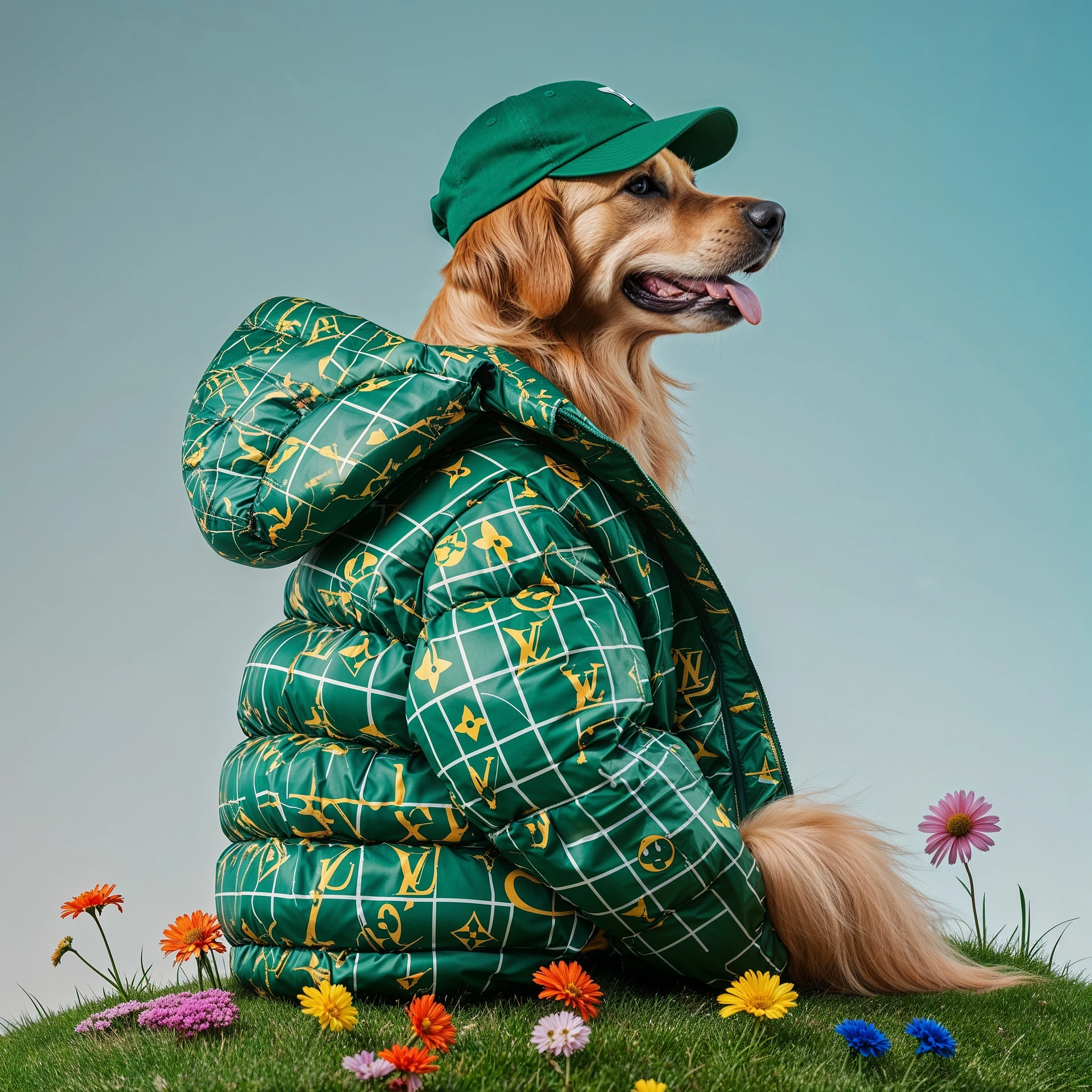 Profile Medium shot, Photo of a happy golden retriver sitting, dress in abstract (green) grid puffer Louis Vuitton jacket, express body, soft light, golden retriver sitting on grass hill with colorfull flowers, green cap, blue minimalistic sky in background, studio emoji
