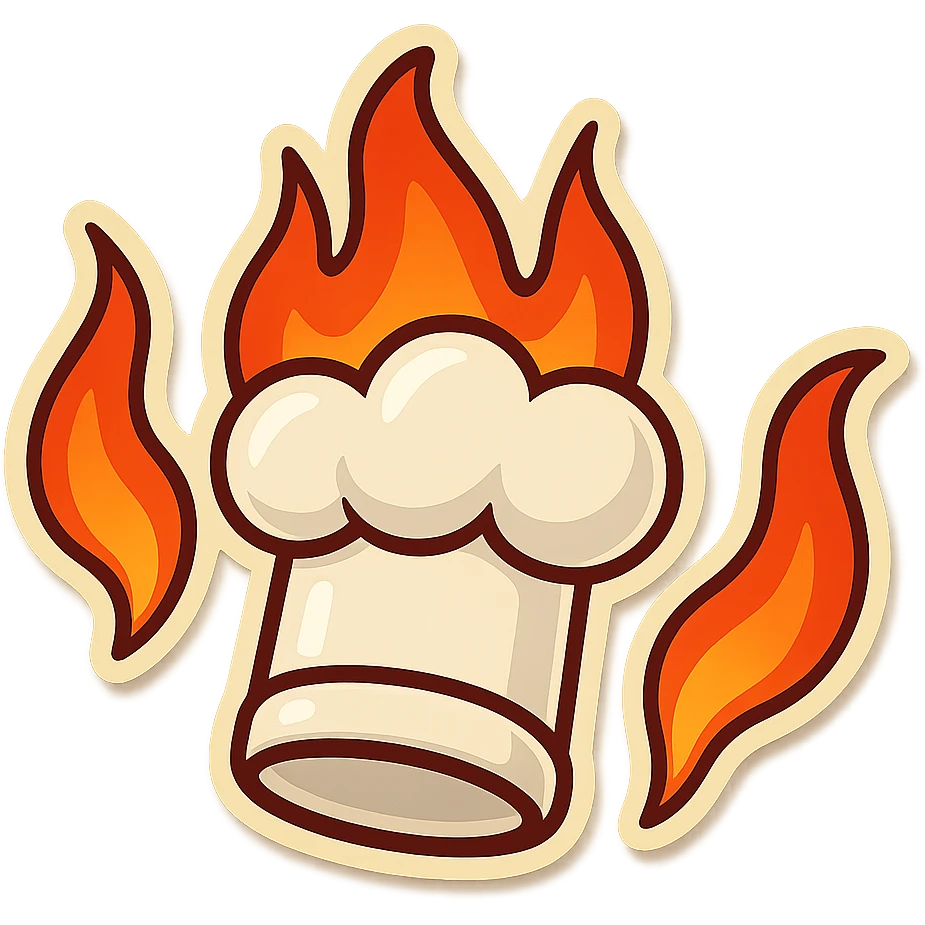 chef's hat explode with trails of fires, emoji, playful, flame red gradient, hat is pure white, vibrant, flame matching style reference file emoji