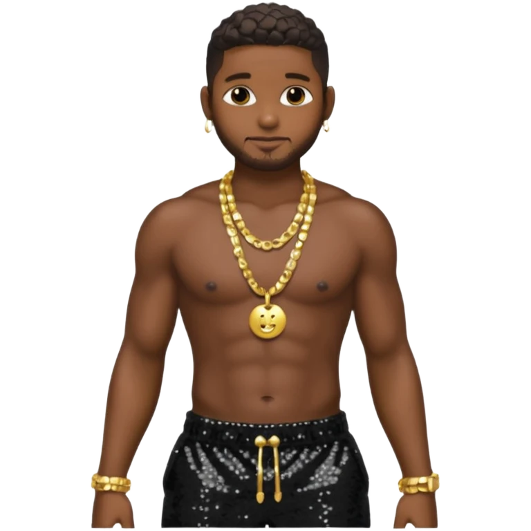 Usher with black sequin baggy pants, shirtless with necklace emoji