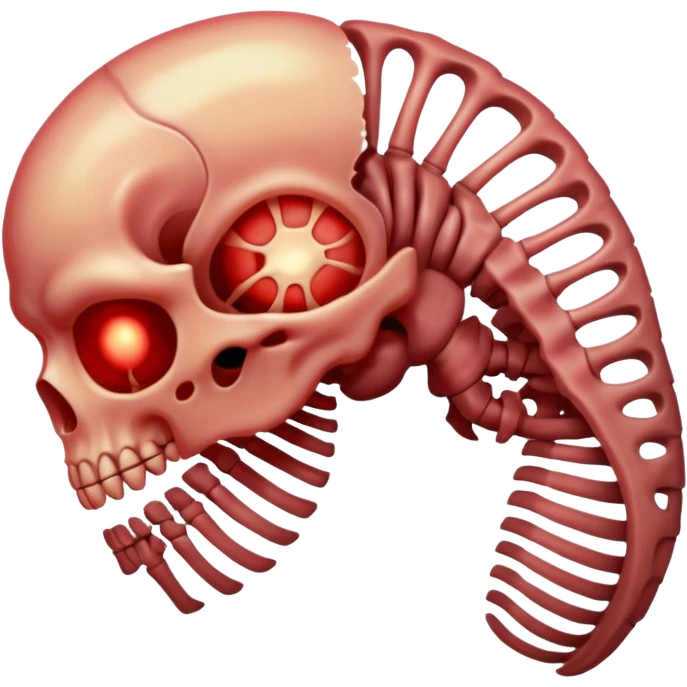 Minimalist emoji-style sticker of a ribcage x-ray with a curled-up demon inside, lines in faint white on black background, subtle red eye glow



 emoji