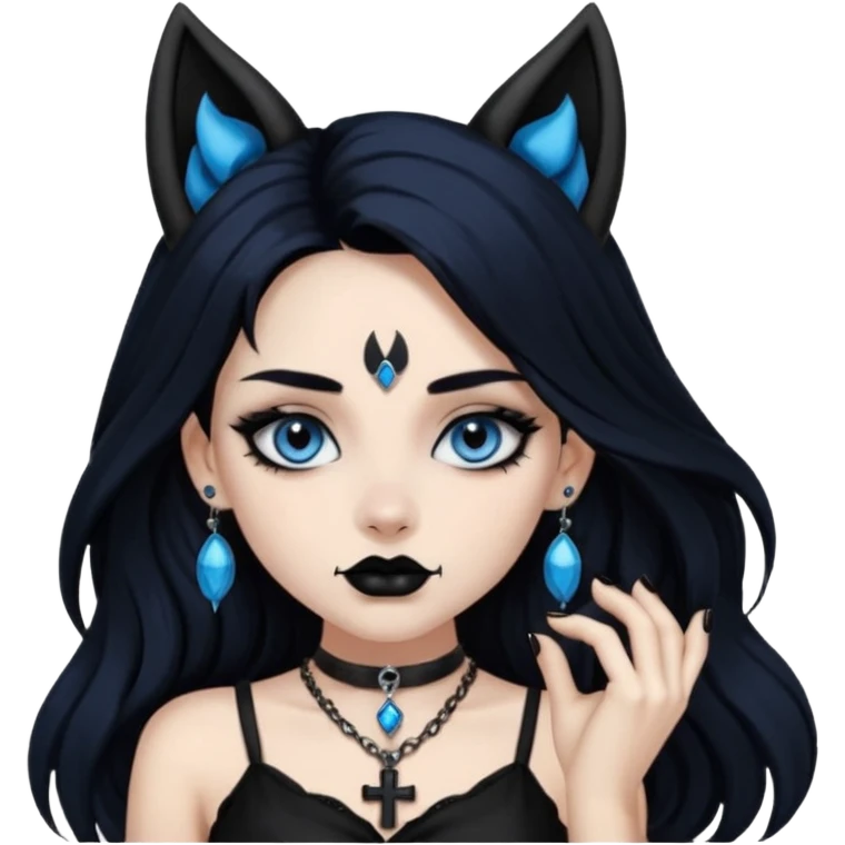 A girl with long black hair and blue eyes, black eyeshadow, black eye liner, mascara, and black lipstick, and black skull earrings. Also a black sexy dress and wolf ears  and a black pendent necklace and a black cross below her right eye emoji