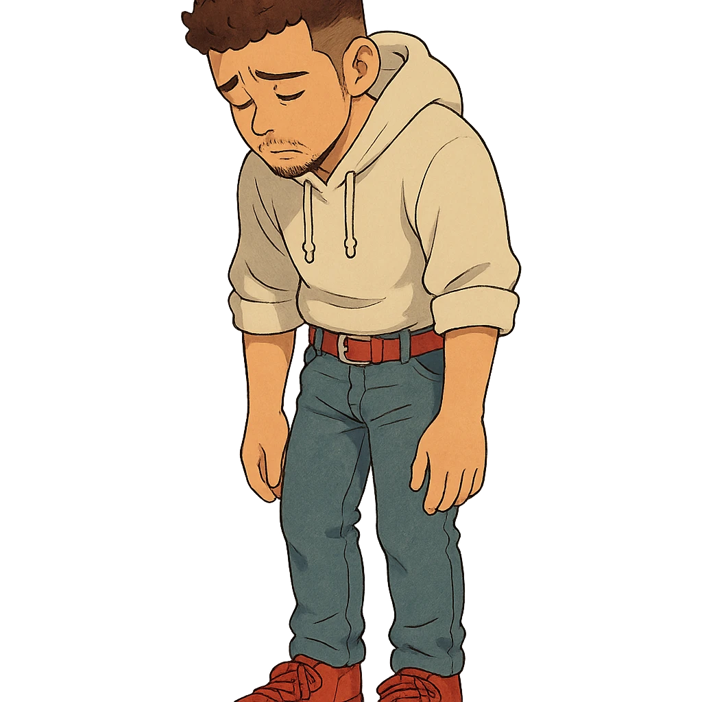 1 male, mid fade haircut dark chestnut brown curly hair, toasted lightskin, white hoodie sleeves up, fashion jeans, red fashion-sneakers shoes, red belt, short trimmed beard and goatee,  style of deku from "my hero academia", doing a "sad" pose emoji