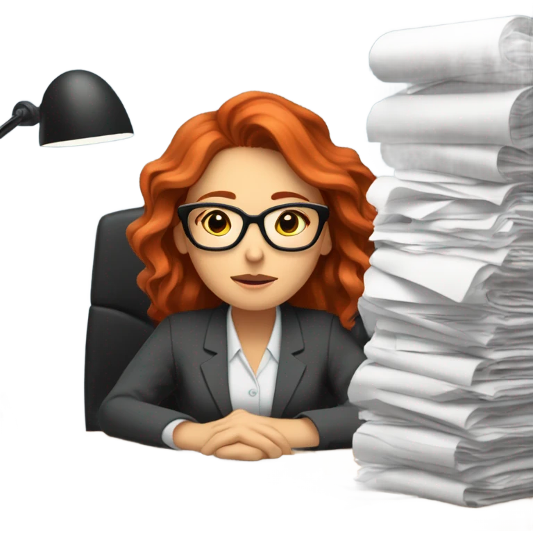 red hair woman nutritionist wearing glasses taking a nap desk monitor stack paper emoji
