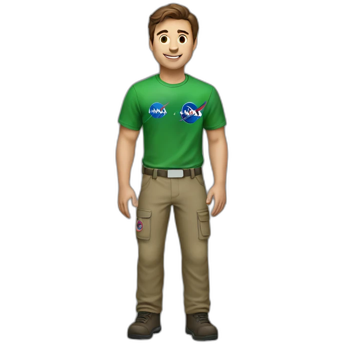 Man with brown hair, green t-shirt with NASA logo and pant brown emoji