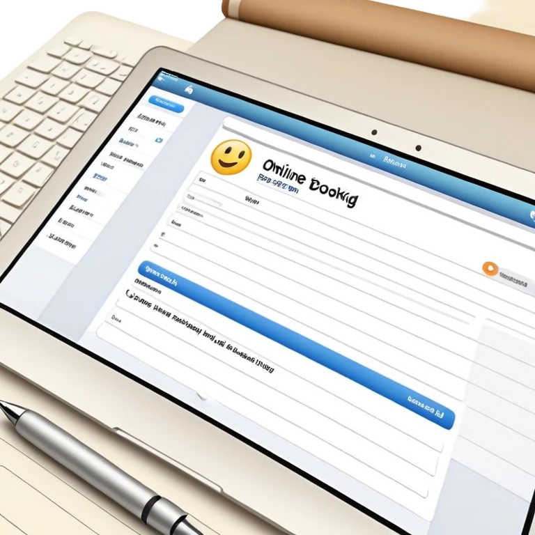 online booking system on MacBook screen next to old-style paper notebook with pen emoji