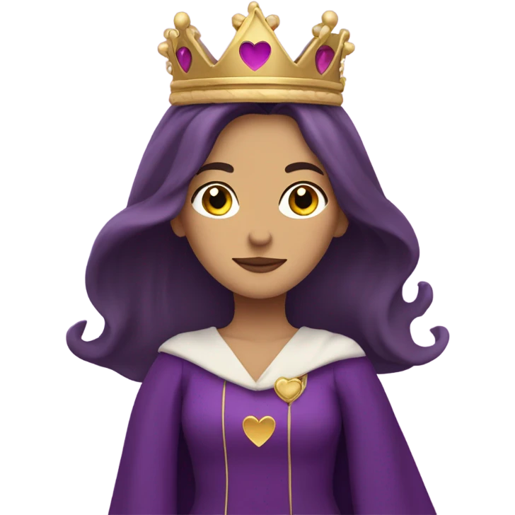 Caucasian long  brunette woman wearing formal royal purple robes and a crown. A burst of hearts are floating around her emoji