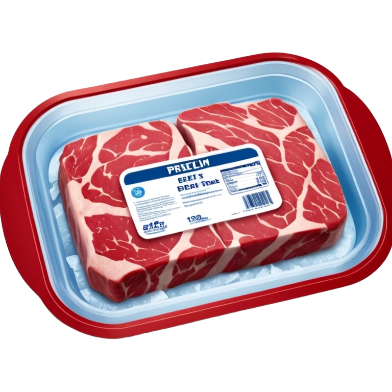 A vacuum-sealed plastic tray of frozen beef steaks, with visible frost and ice crystals on the meat surface. The label shows brand name, weight, and “Premium Beef Steaks.” The packaging has a transparent window revealing the red meat.  photorealistic food packaging. emoji