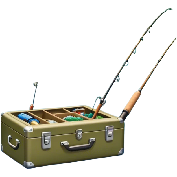 Icon for Fishing Travel: a fishing rod, tackle box and a boat on a calm lake surrounded by mountains and lush greenery, with fish jumping out of the water. The icon should capture the peaceful and adventurous nature of fishing trips. Transparent background. emoji