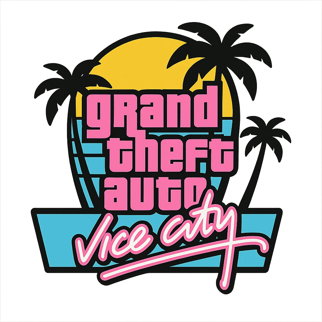 Grand Theft Auto Vice City inspired icon, light pink and light blue, 80s neon style, palm trees, vibrant and retro emoji