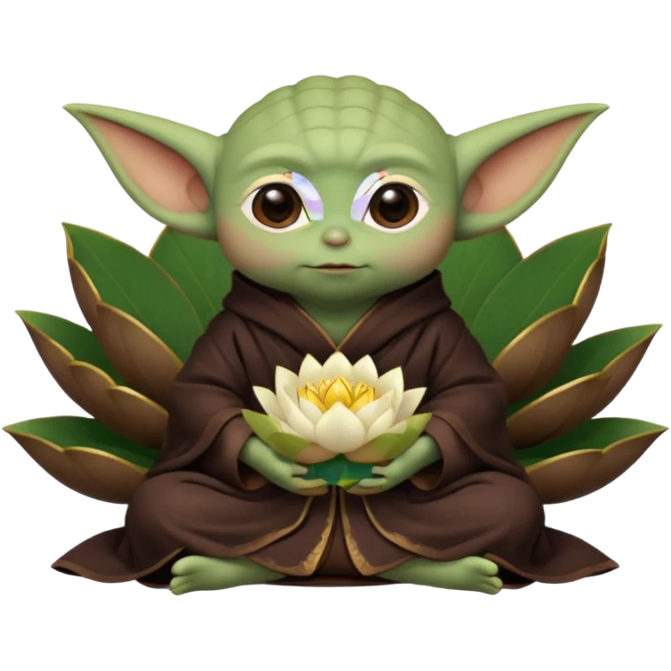 Baby Yoda con su tunica chocolate oscuro sentado dentro de una flor de loto estilo chino emoji