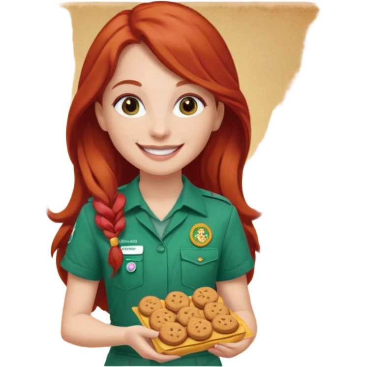 white girl scout with red long hair selling cookie at Wendy’s big emoji