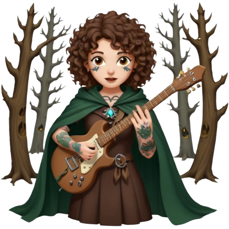 Brown eyes, brown hair curly forest witch playing electric guitar sexual with tattoos...white ethnicity  emoji