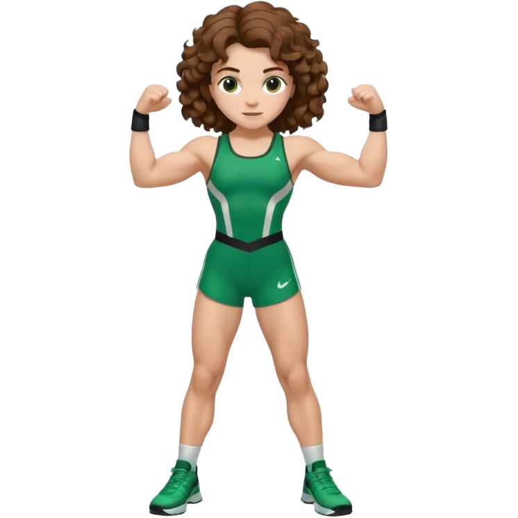 flexing muscles, big biceps, muscled torso, very beautiful italian girl, looking like Emma Watson, with curly and big volume very bright brown hair, dressed in a beautiful green sports costume, full body emoji