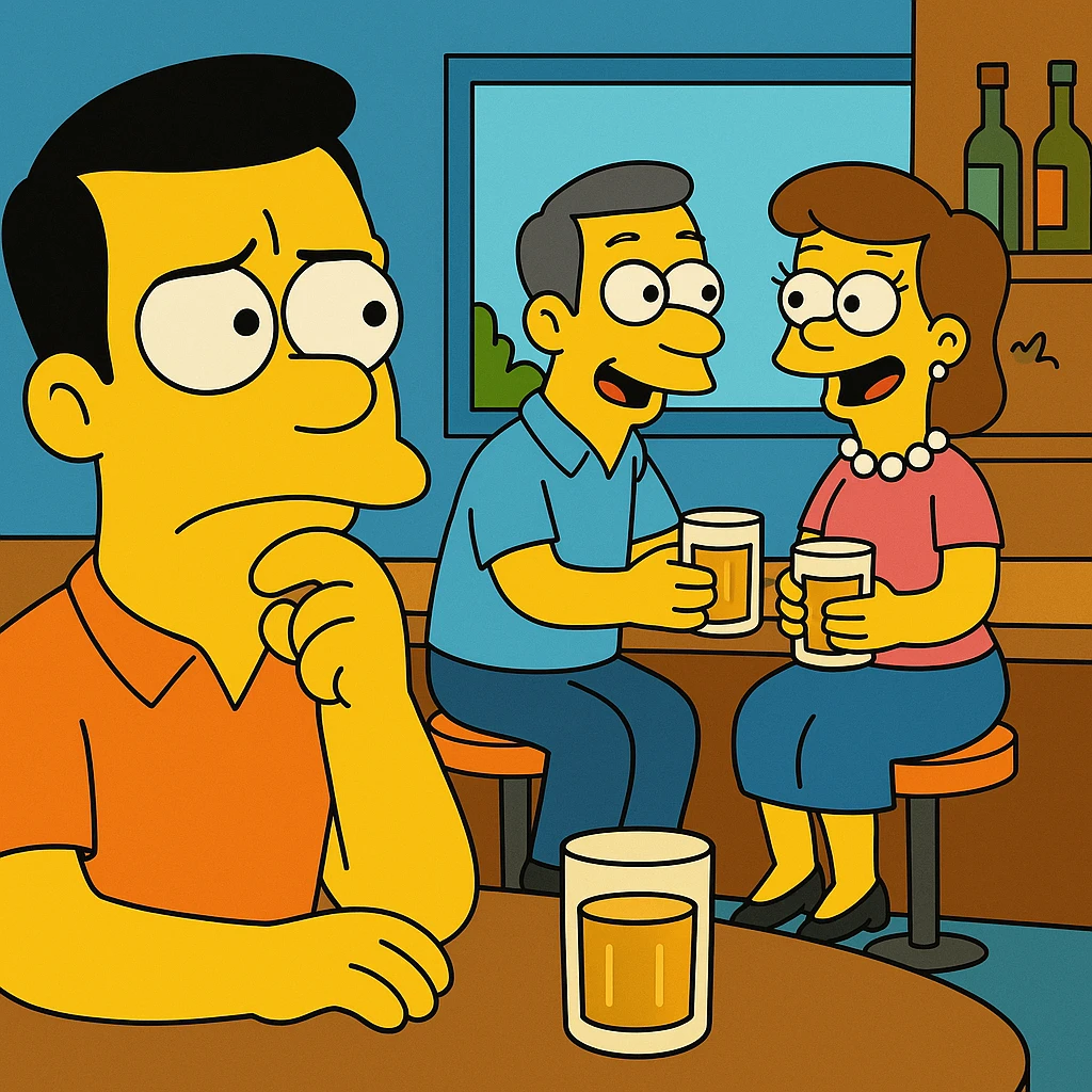 His voice sounded familiar, but I couldn’t remember where I knew him from. 2 person sitting ina bar, talking about a strange guy, sitting in a corner. A puzzled man thinking emoji