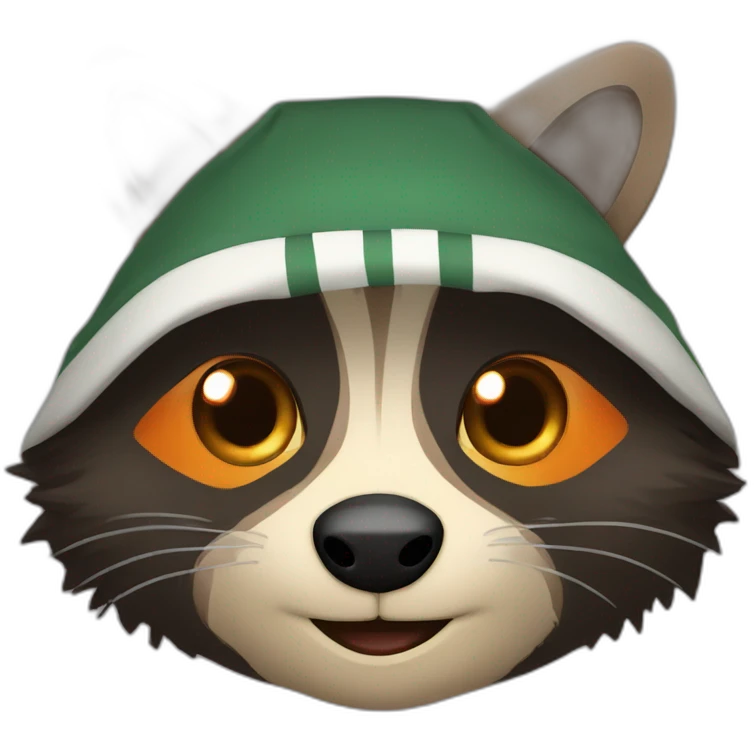 brown raccoon with orange eyes and a dark green hood that smile emoji