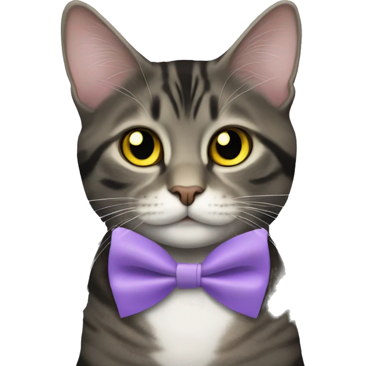 black mackerel tabby cat with a lavender small bowtie and small yellow eyes emoji