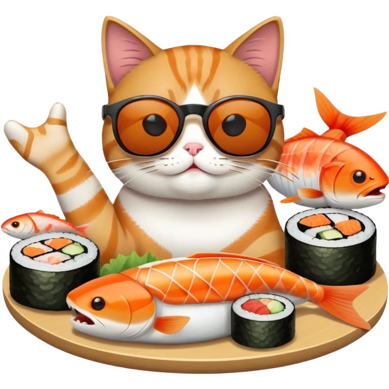 cat wearing sunglasses, looking cocky, eating sushi with more fish around emoji