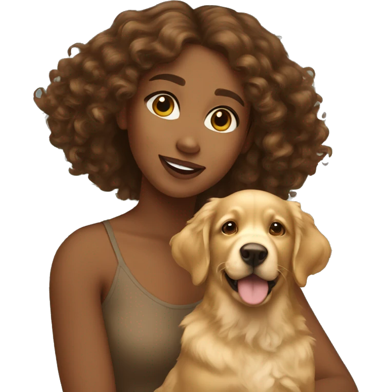 Brown girl with brown curly hair with a golden retriever puppy emoji