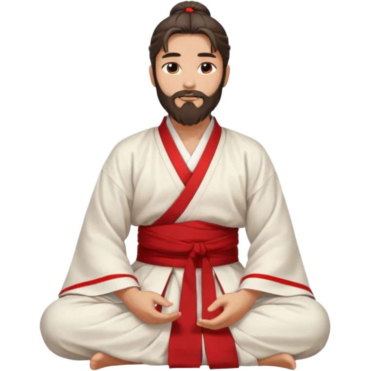 Beautiful man with lightly tan skin and dark long beard, long hair in bun, in white and red Hanfu sitting on the ground emoji