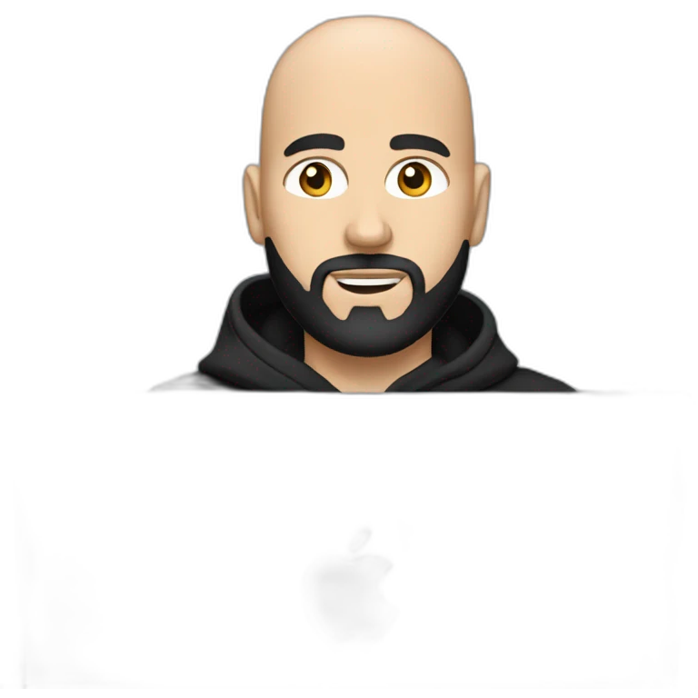 bald white man with a black beard typing on apple computer wearing a black hoodie emoji