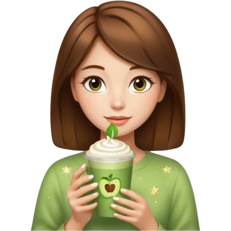Square profile picture of a cute girl with short brown hair, sparkles, skincare, makeup, and holding a matcha latte. Center the face. Apple emoji style with transparent background. emoji