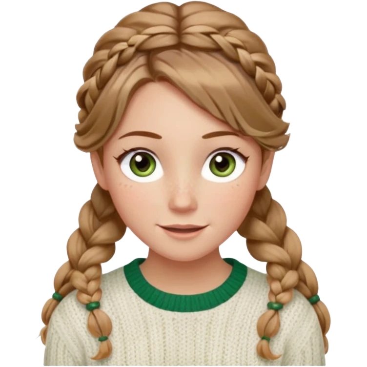 light brown hair blonde hair hazel/green eyes woman with a white cable knit sweater and one braid down her back  with tendrils of hair flowing down her face and she is happy pale, some freckles, blush. she has a cateye wing and long lashes emoji