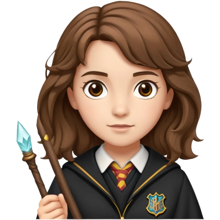 Hermione Granger with bushy brown hair, wand, and Hogwarts uniform emoji