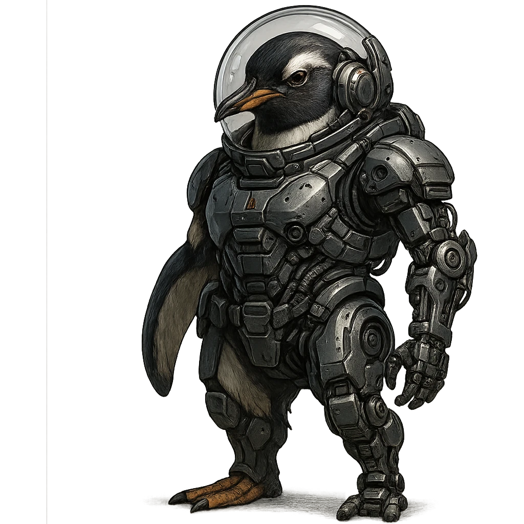 a penguin as a space soldier and cyborg, half organic, half robot, with a space helmet and cybernetic limbs emoji