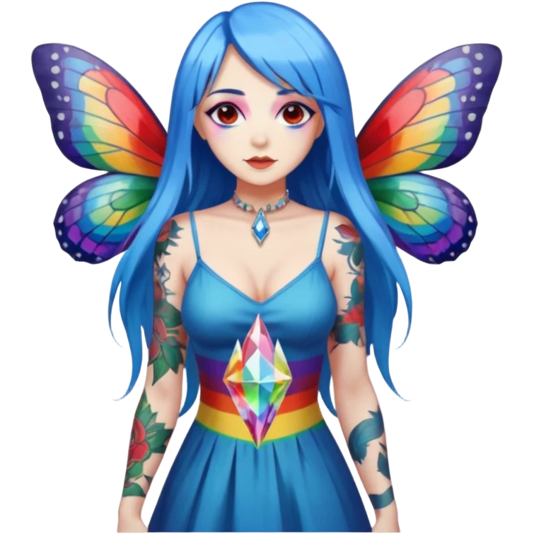 woman-long-blue-hair-red-eyes-white-skin-tattoos-big-breast-wearing-rainbow-crystal-shard-dress,-moths-orbiting,-flirty-contrapposto-pose emoji