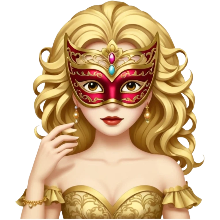 A woman in an ornate gold masquerade mask and elegant outfit, holding the mask delicately. emoji