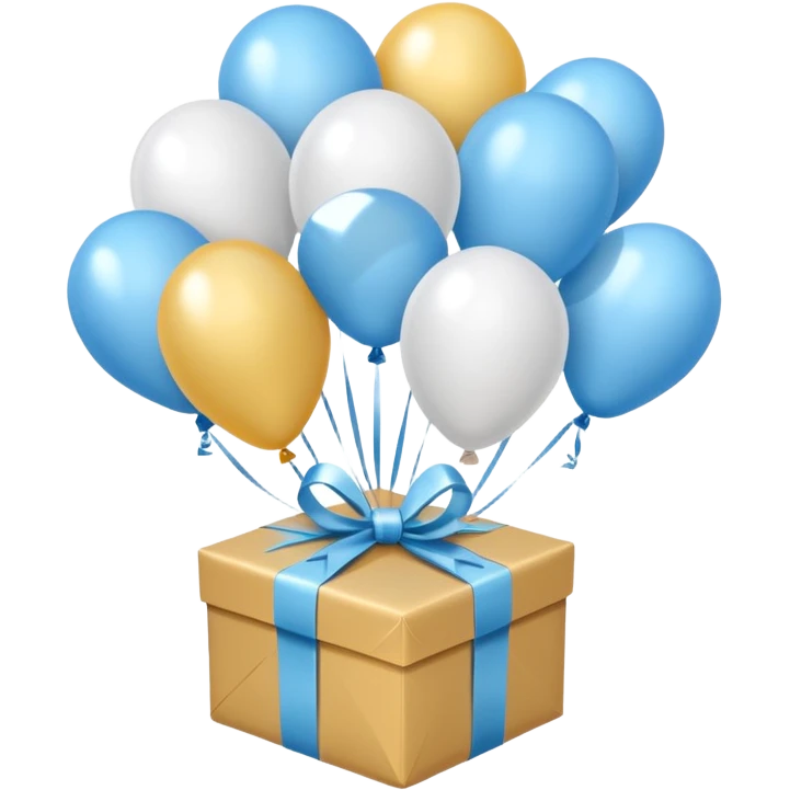 Please make light blue and white balloons too, make several and tie them to a gift, the gifts with the most balloons, make the light blue and white balloons emoji