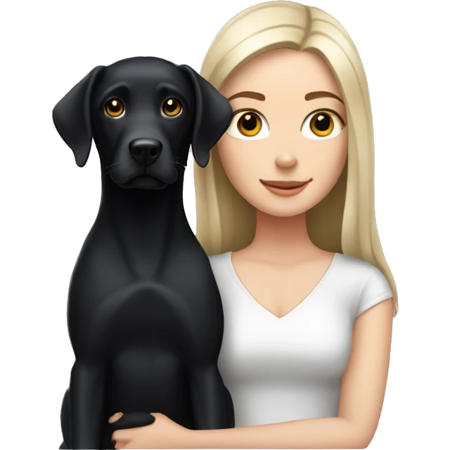 white girl with long straight black hair holds her black Labrador emoji