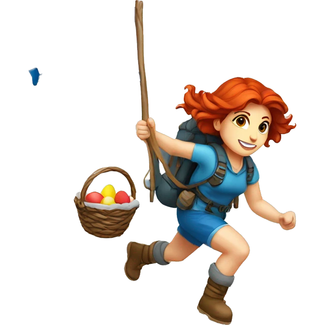 Greek Female winter mountaineer red hair white skin climbing with Greek Flag and Easter eggs basket emoji