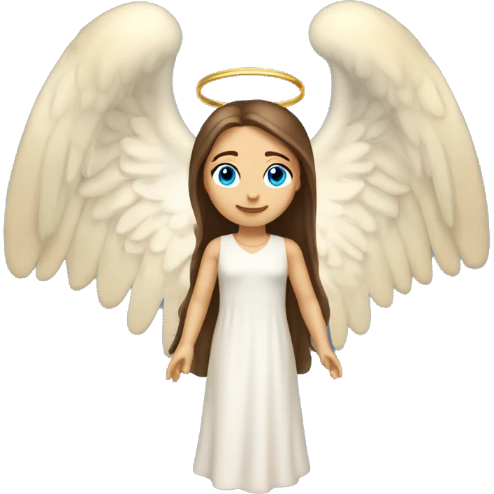 Caucasian brunette angel with long straight hair, dimples, big blue eyes, golden hoop halo over head and two wings on back emoji