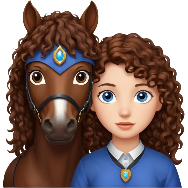 Girl with brown curly hair and blue eyes with an all dark brown horse  emoji