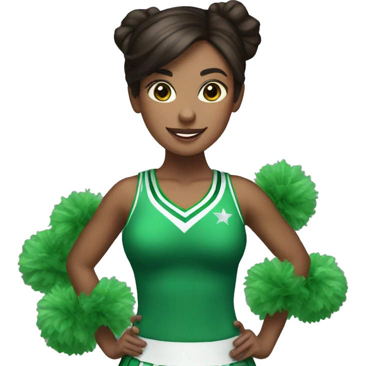 brunette cheerleader wearing green uniform holding green pompoms emoji