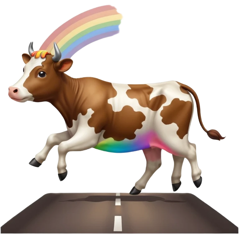 a cow running across a highway on a rainbow shooting a gun emoji