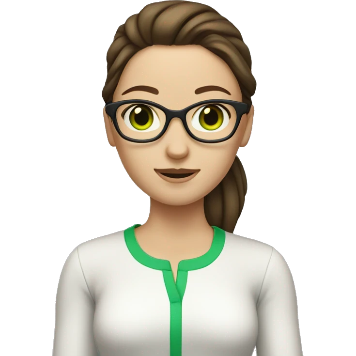 pale brunette woman with glasses and brown hair ponytail and green eyes emoji