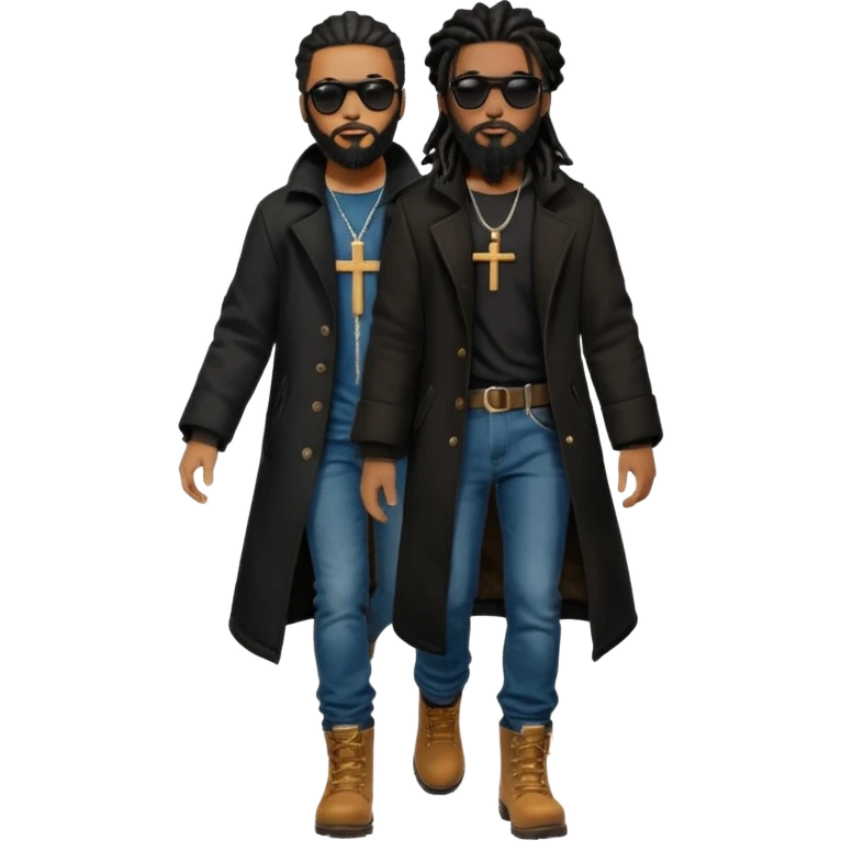 African American man with shoulder length black dreadlocks with black beard wearing black sunglasses wearing a black bubble winter coat wearing denim skinny jeans wearing wheat timberland boots walking with a dove and African American Jesus Christ behind him emoji