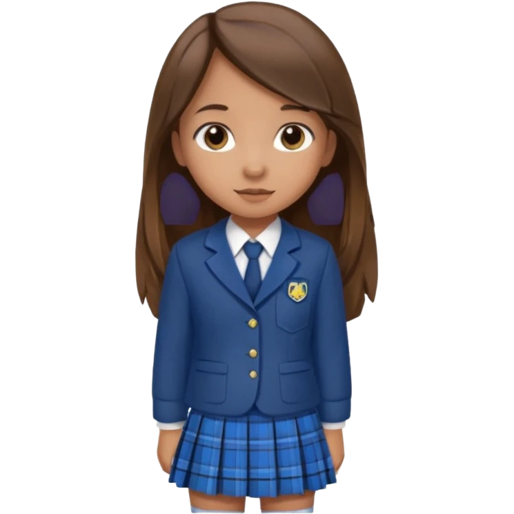 Blue plaid school uniform with skirt and long hair that's medium brown emoji