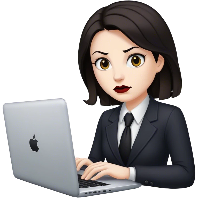 memoji of a white realtor with a laptop in front, ,modern,dark hair, evil emoji