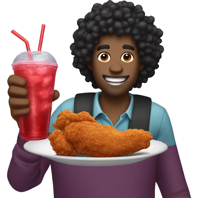 tall black curly hair man eating fried chicken and drinking grape koolaid emoji