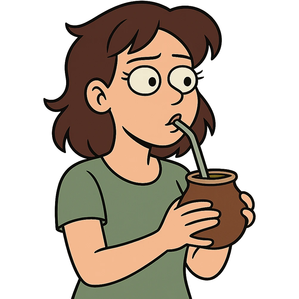 brunette woman drinking mate from a gourd with a bombilla straw emoji