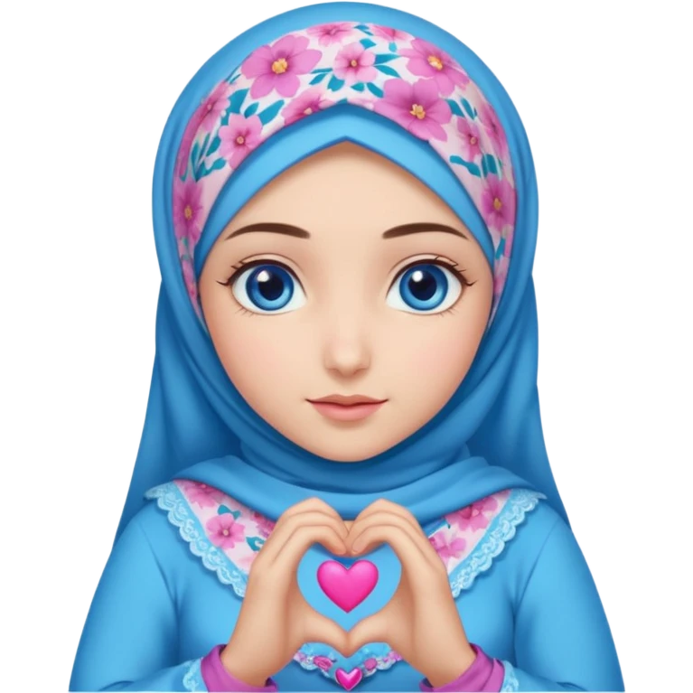 Turkish beautiful finish Konya girl blue eyes with mini floral hijab and lila blue pink dress and she make heart with hands emoji