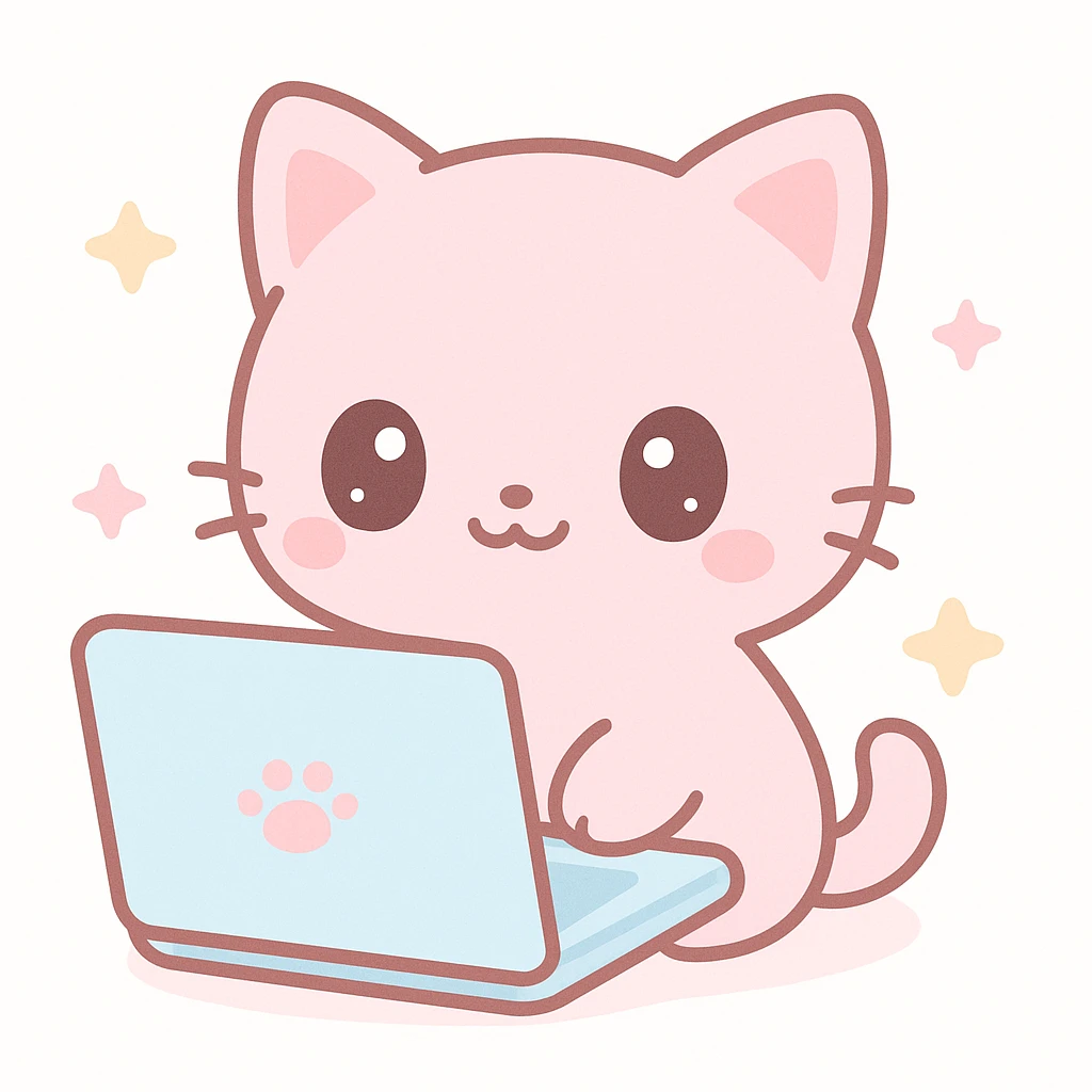 pink kitten using a laptop, kawaii style, cute and simple emoji