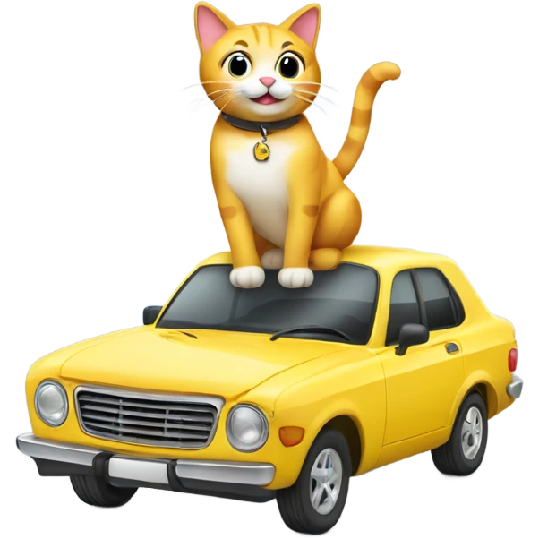 A cartoon emoji-style car with a cat sitting on the open hood, holding a wrench and smiling emoji