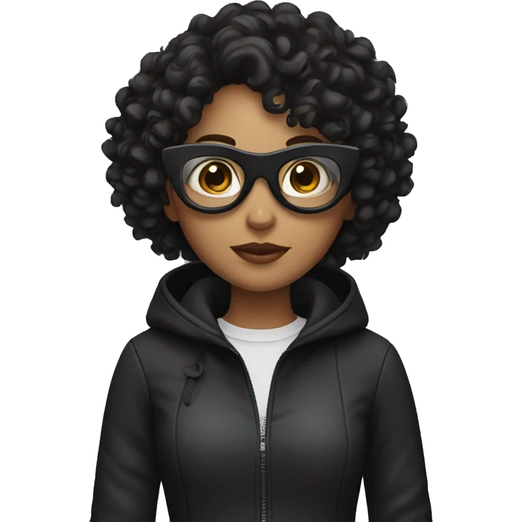 a girl holding a pan with a black mask and using glasses with curly hair and wearing a black jacket emoji