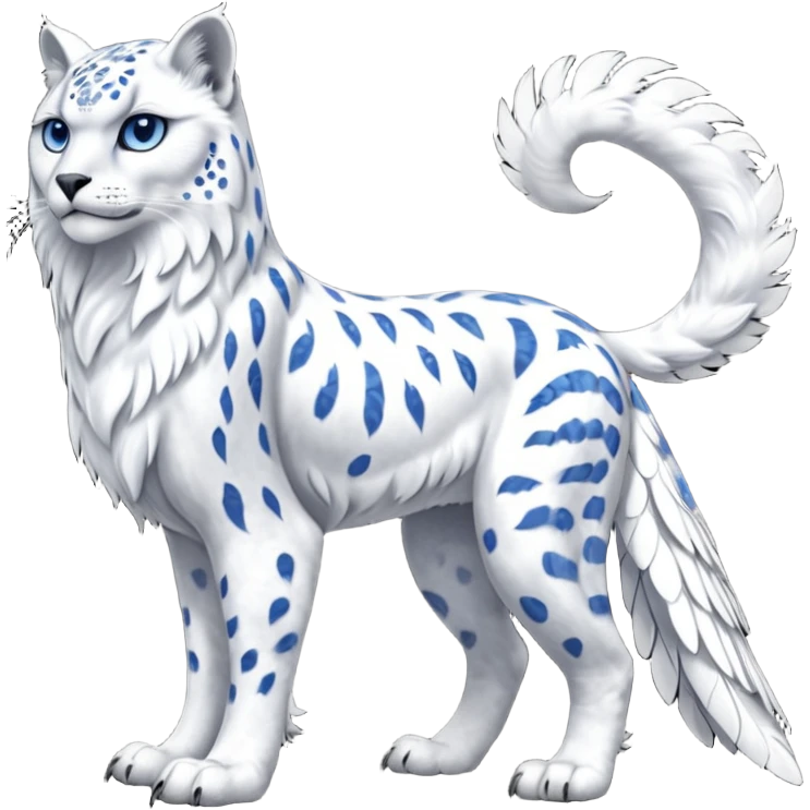 Realistic wild natural elegant pretty beautiful handsome shiny colorful furry 4-legged digitigrade snow-leopard-snowy-owl-gryphon-griffin-albino-lion-fusion-hybrid-fursona-furry-animal-creature, full body, hyper-realism, long tufted tail emoji