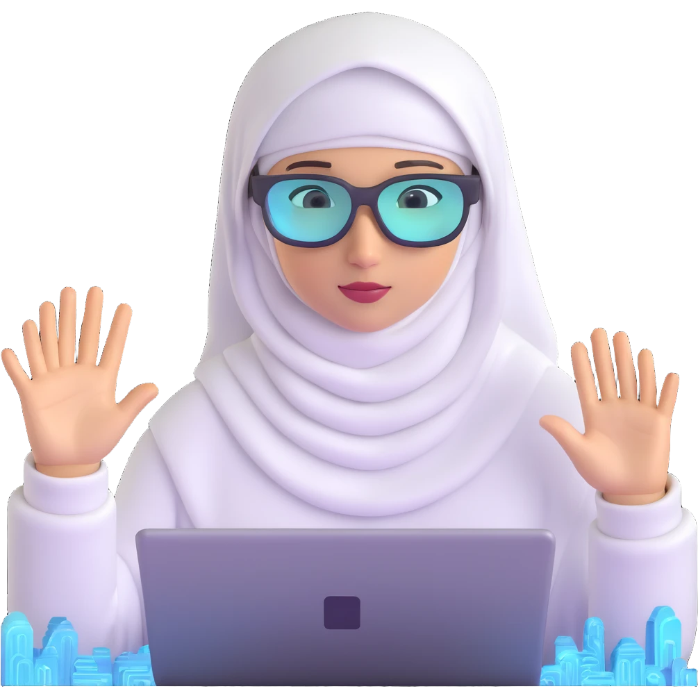 computer engineer with white hijab actively coding and building in the metaverse, hands manipulating holographic code, creating virtual structures, programming digital environments, surrounded by her code creations coming to life, AR glasses on emoji