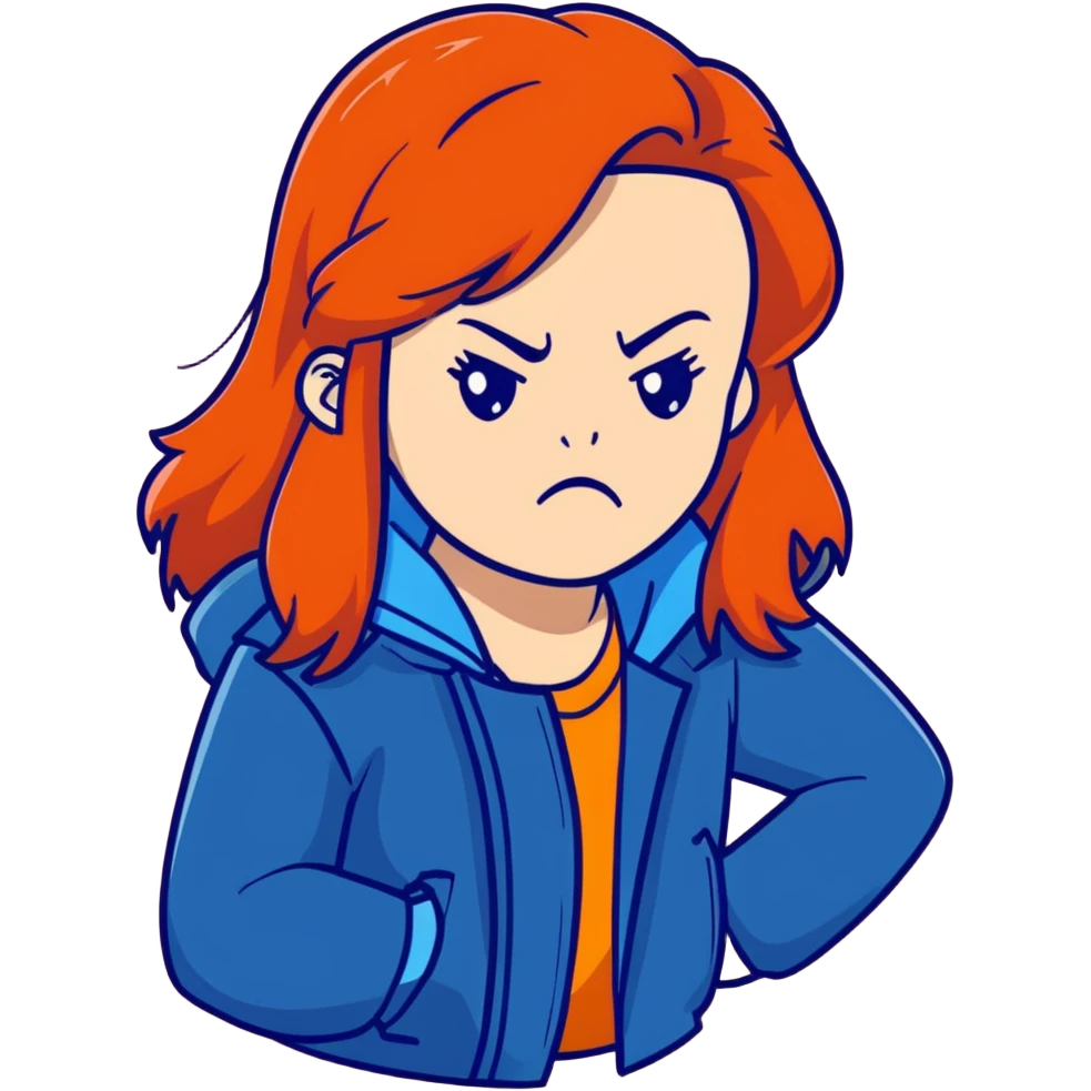 Redhead girl with long hair in blue jacket looking angry emoji